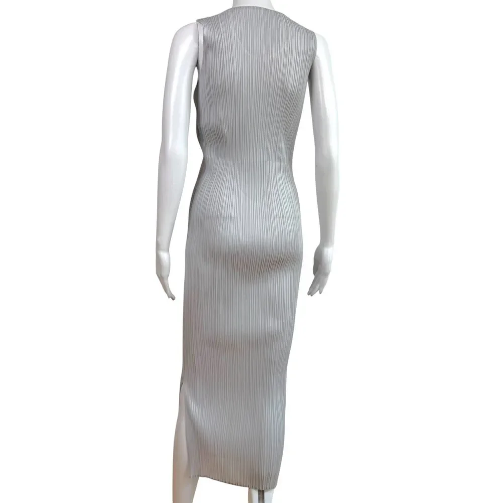 Issey Miyake Pleats Please Light Gray Pleated Maxi Dress Sz 2
